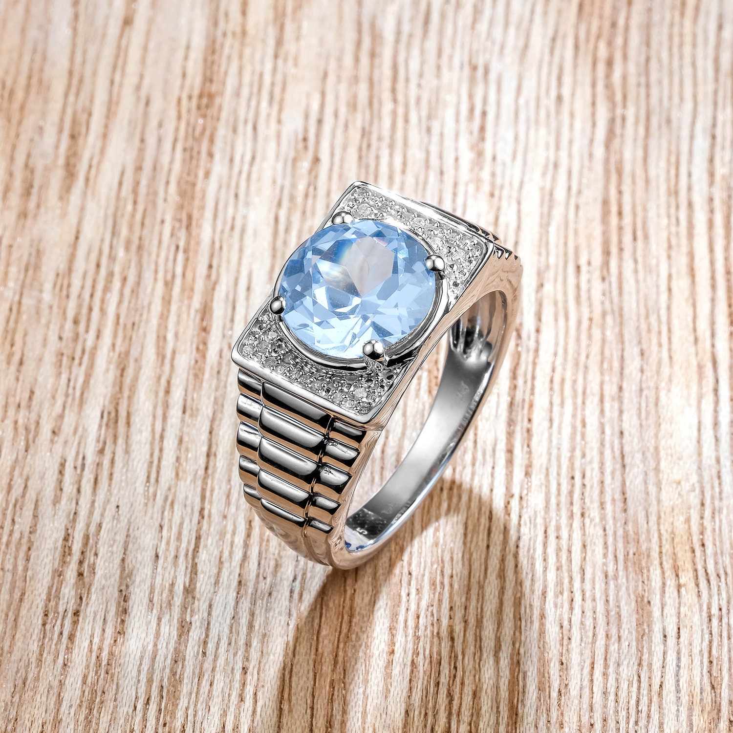 Cali Trove Men's Natural Diamond & Blue Topaz Ring - 925 Sterling Silver Statement Ring, Anniversary Gift For Him