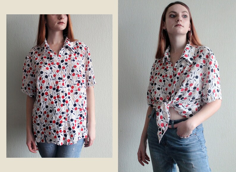 90s Vintage Oversize White Shirt Women/'s Geometric Abstract Printed White Shirt Retro 90/'s 80/'s Boho Pin-Up Feminine Oversized Blouse