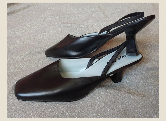 90's Vintage Heel Square Toe Shoes, Black Thin Hee