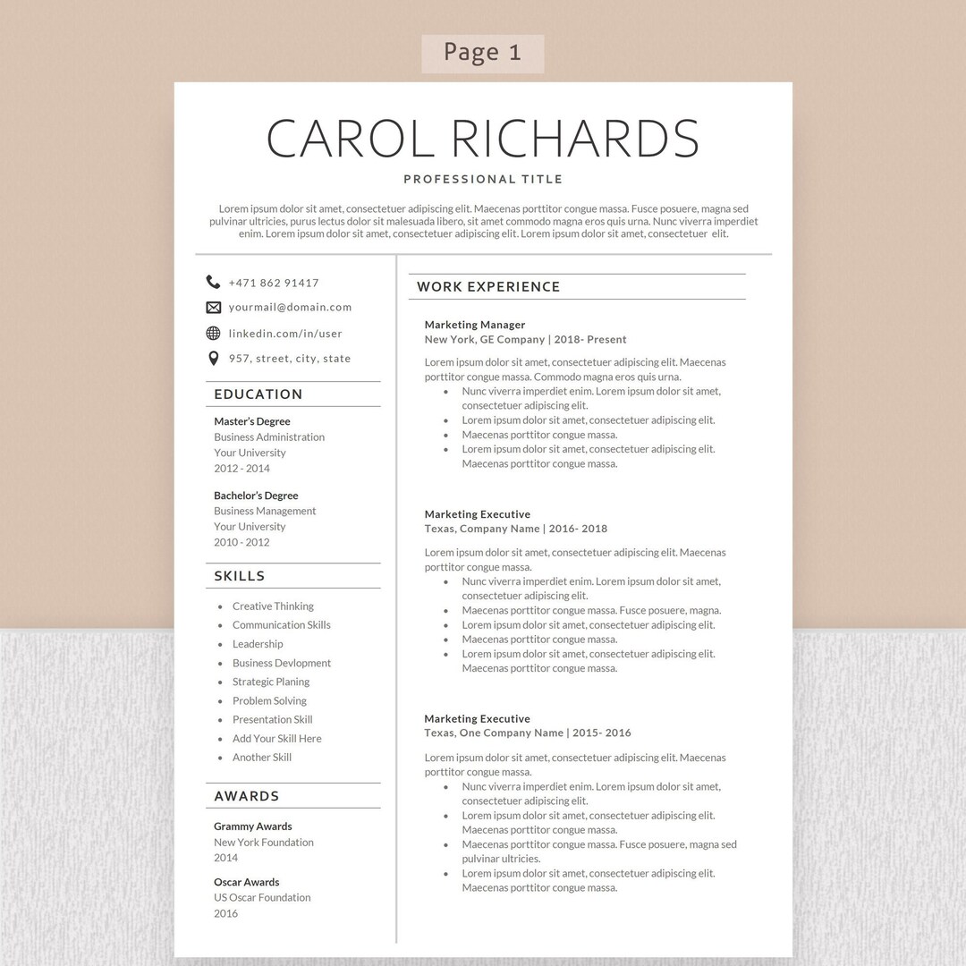 Clean Resume Template Google Docs, Word & Pages, Minimalist Executive ...