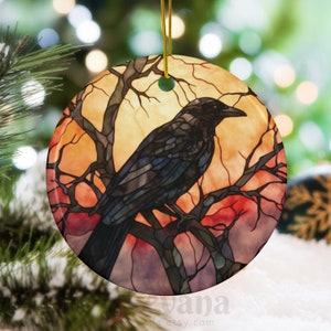 Raven Tree Ceramic Ornament, Original Watercolor Gothic Crow Raven Art Infused on Ceramic Porcelain Disc, Dark Nature Lover Wildlife Gift 24