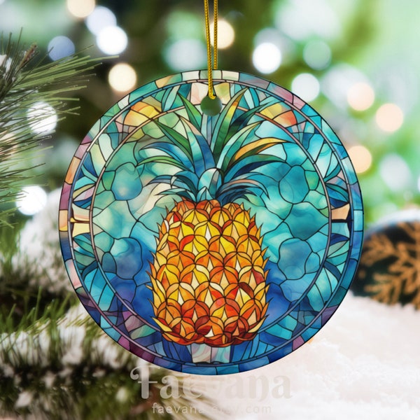 Tropical Pineapple Ceramic Ornament, Watercolor Mosaic Style Original Art, Hawaii Beach Island Southern Hospitality Hostess Exchange Gift 54