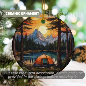 Camping Lake Forest Ceramic Ornament, Watercolor Mosaic Style Original Art Scene, Wilderness Tent Hiking Outdoors Adventure Nature Gift 48