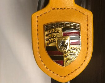 Porsche Original Key Fob Red Leather with Metal Colour Crest in Silver Porsche Presentation Box