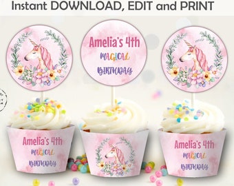 Unicorn cupcake wrapper, Birthday, floral unicorn cupcake wraps, unicorn  Birthday, Digital Printable Template Instant download EDITABLE