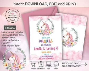 Unicorn watercolor Birthday Invitation, magical party Invites for girl birthday, editable invitation, Digital Printable Template, download