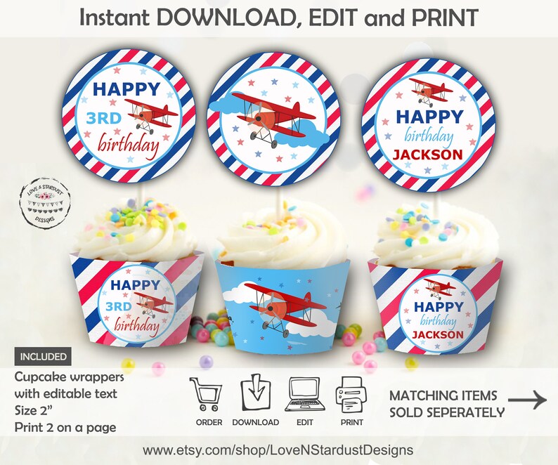 Vintage Airplane Cupcake Wrappers Cupcake Sleeves Birthday Blue and Red Digital Printable Plane clouds pilot DIY Instant
