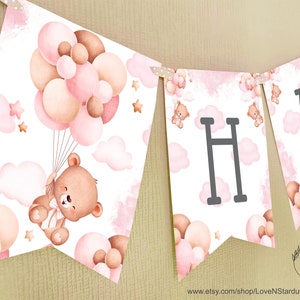 Teddy Bear birthday Banner, teddy bear Printable party decoration, girl birthday flags,Instant Download,Birthday Bunting, editable template