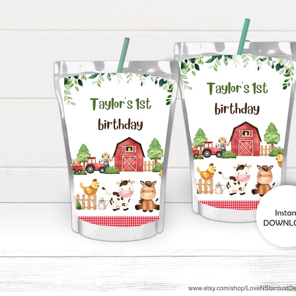 Editable Farm Capri Sun Labels Juice Pouch Labels Farm Animals Birthday Barnyard Party Boy Farm Party Download template Printable Animals