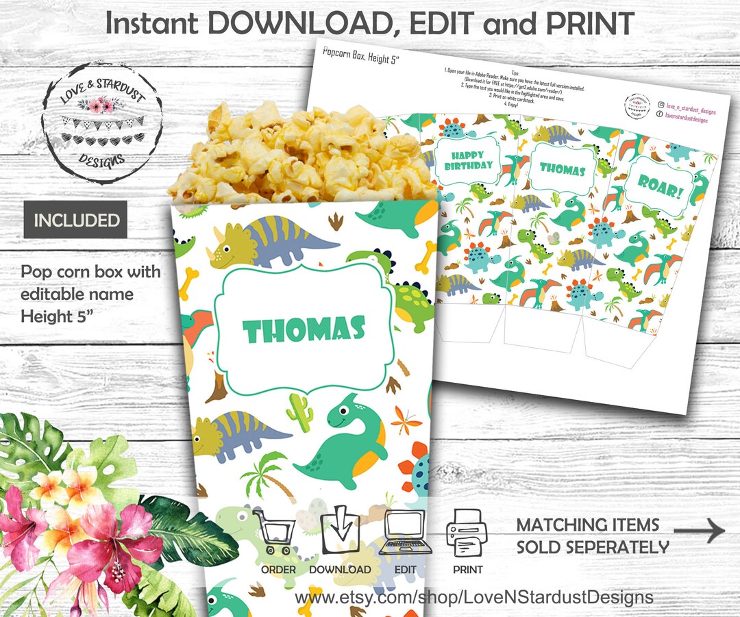 Dinosaur Birthday Pop Corn Bag, Digital Printable, Treat Bag, T-rex ...