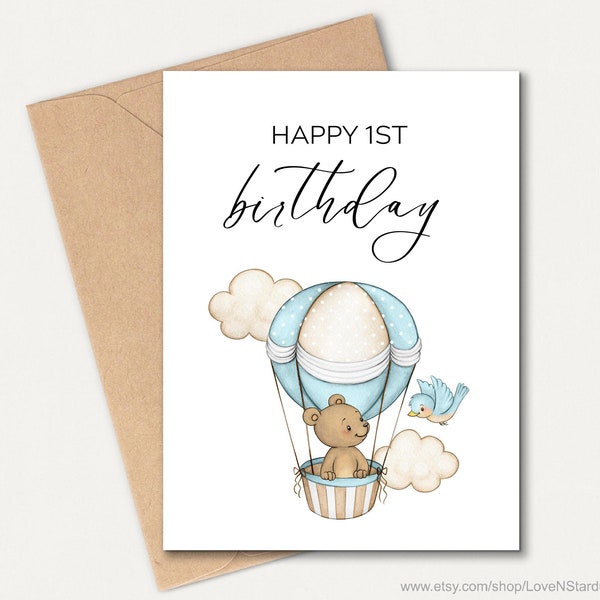 Blue hot air balloon with teddy bear birthday card for first birthday, 1st birthday greetings for kid, card for boy, digital printable card