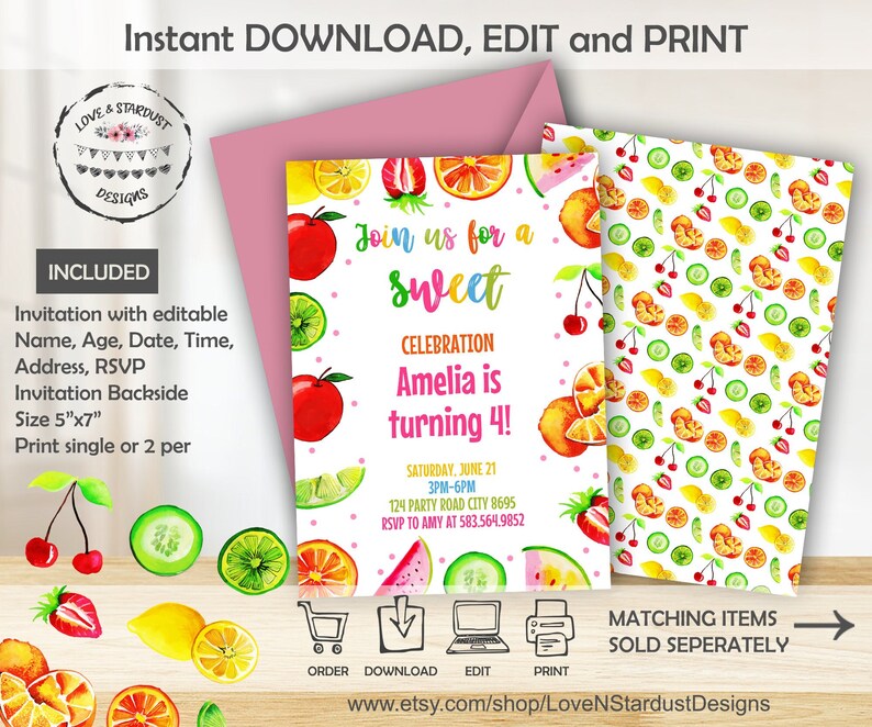 Editable Fruit Birthday Invitation Party Invite Template Etsy