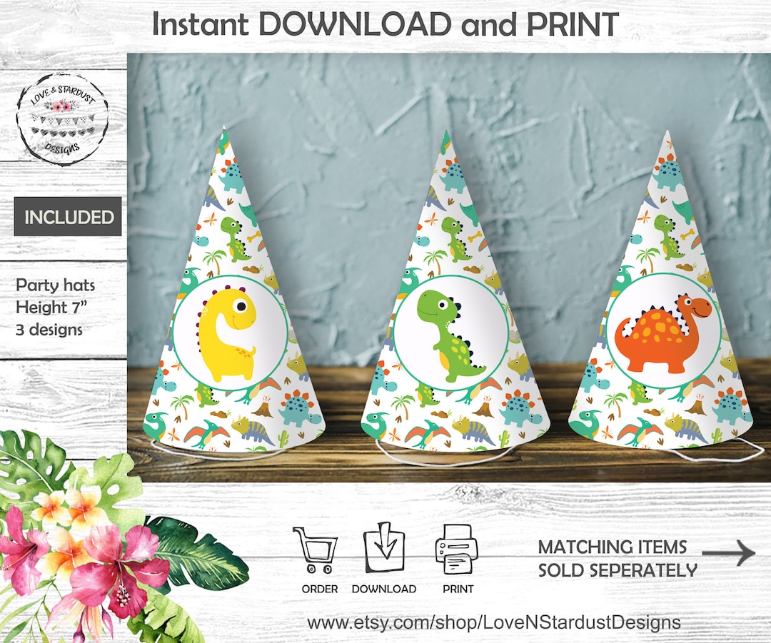 Printable Dinosaur Birthday Hat, Digital Printable Party Hat, Green T ...