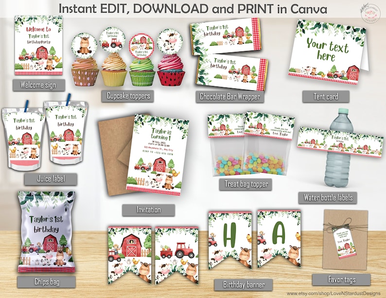 Farm Birthday Party Cupcake Toppers, Farm Cupcake Toppers, Barnyard