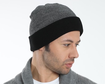 Dark Gray Black Beanie Cap,  Acrylic Reversible Unisex Beanie, Hatsquare Winter Beanie, Double Layered Skull Cap, Winter Cuffed Knit Beanie