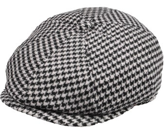 Zwarte pied-de-poule wollen pet met 8 panelen, tweed bakkerspet, Ierse platte pet, vierkante pet voor heren, pet met sjaal.
