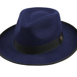 Dark Blue Vegan Felt Fedora Hat, Hatsquare Men Winter Hat, Mid-Stiff Fedora Hat, Women Wide Brim Hat, Flat Brim, Bridesmaid / Groomsman Hat