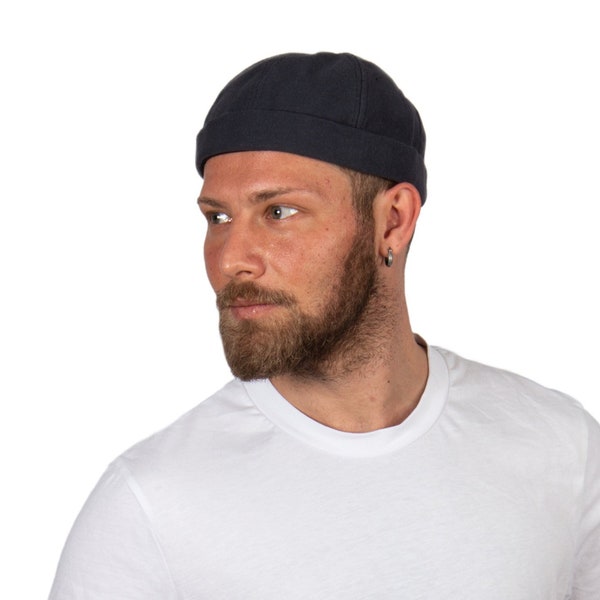 Dark Gray Cotton Docker Hat, Summer Man Beanie Cap, Sailor Military Brimless Hat, Cotton Streetwear Skull Cap, Fabric Dock Worker Hat