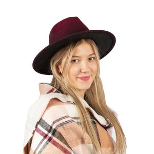 Burgunder Ombre Fedora Hut, Vegan Filz Steiff Krempe Hut, Männer Wintermütze, Frauen Breite flache Krempe Hut, Stiff Fedora Hut, Brautjungfer/Trauzeuge Hut