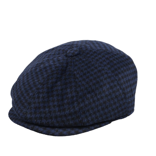 Gorra de lana azul oscuro con estampado de pata de gallo de 8 paneles, gorra plana irlandesa de lana estilo Baker Boy de tweed, gorra de repartidor de periódicos Hatsquare Man, conjunto de sombrero y bufanda