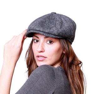 Dark Gray Herringbone Wool 8 Panels Cap, Peaky Blinders Hat, Baker Boy Women Hat, Gatsby Hat, Christmas Gift, Women Newsboy Cap, Woman Scarf