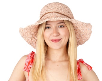Sombrero de paja de ala ancha con estilo de encaje de verano de color rosa pálido, sombrero de vacaciones, sombrero de playa de verano para mujer, sombrero para el sol, sombrero para el sol plegable, sombrero de boda para dama de honor