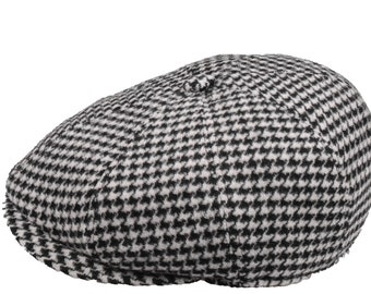 Casquette gavroche en laine pied-de-poule noire à 8 panneaux, casquette de gavroche en tweed, chapeau de boulanger