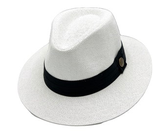 White Straw Panama Hat, Stiff Brim Hat, Men Summer Hat, Women Safari Hat, Stiff Fedora Hat, Vintage Hat, Man / Woman Flat Brim