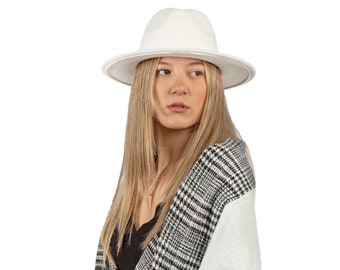 Chapeau Fedora blanc, chapeau à bord raide en feutre végétalien, chapeau d’hiver pour hommes, chapeau à large bord pour femmes, chapeau Fedora rigide, chapeau vintage, bord plat homme / femme
