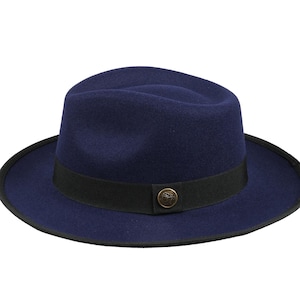 Dark Blue Vegan Felt Fedora Hat, Hatsquare Men Winter Hat, Mid-Stiff Fedora Hat, Women Wide Brim Hat, Flat Brim, Bridesmaid / Groomsman Hat