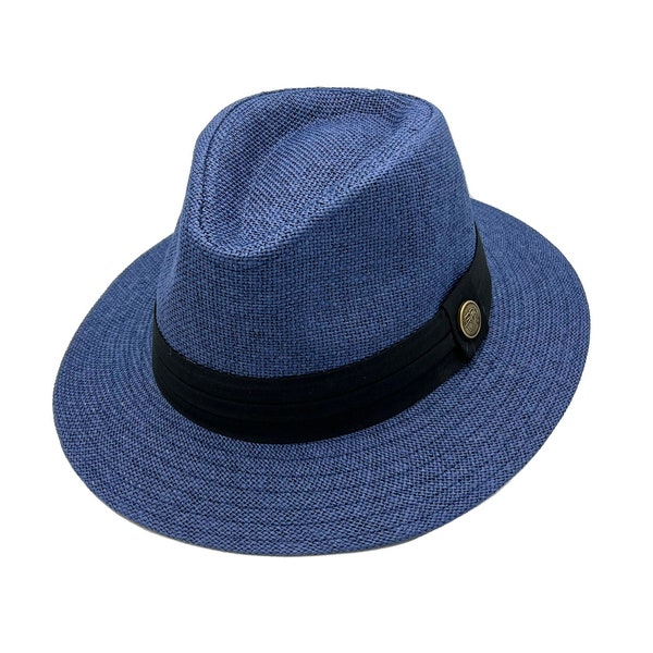 Navy Straw Panama Hat, Stiff Brim Hat, Men Summer Hat, Women Safari Hat, Stiff Fedora Hat, Vintage Hat, Man / Woman Flat Brim