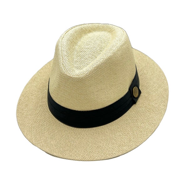 Beige Straw Panama Hat, Stiff Brim Hat, Men Summer Hat, Women Safari Hat, Stiff Fedora Hat, Vintage Hat, Man / Woman Flat Brim