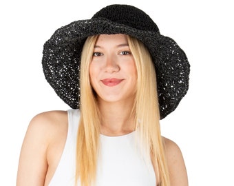 Cappello di paglia a tesa larga in stile pizzo nero estivo, cappello da vacanza, cappello estivo da donna, cappello da spiaggia, cappello da sole, cappello Boho, cappello da donna, cappello pieghevole