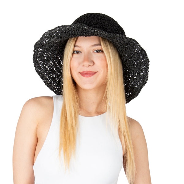 Chapeau de paille à large bord noir en dentelle d'été, chapeau de vacances, chapeau d'été femme, chapeau de plage, chapeau de soleil, chapeau bohème, chapeau femme, chapeau pliable