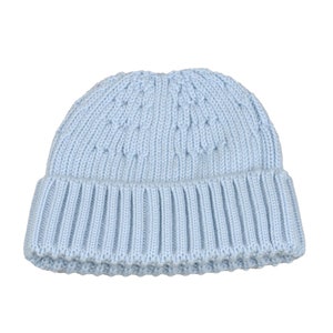 May include: A light blue knitted beanie hat with a ribbed texture.