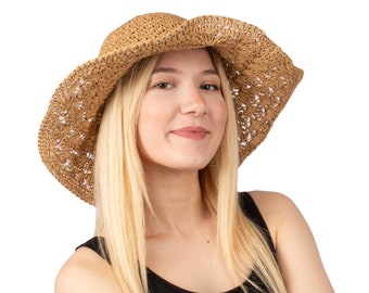 Camel Summer Lace Style Wide Brim Straw Hat, Wedding Hat, Women Summer Hat, Beach Hat, Sun Hat, Boho Hat, Women Hat, Foldable Sun Hat