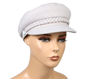 Light Gray Women Fiddler  Hat, Women Wool Blend Newsboy Cap, Cabbie Hat, Sailor Captain Hat, Skipper Officer Hat, Yachtsman Fisherman Cap