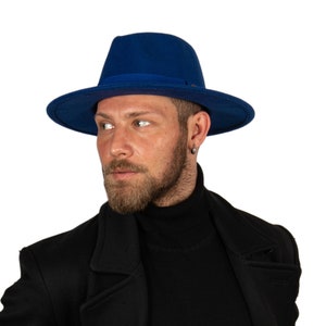 Blue Fedora Hat, Vegan Felt Stiff Brim Hat, Men Winter Hat, Women Wide Brim Hat, Stiff Fedora Hat, Flat Brim, Bridesmaid Groomsman Hat