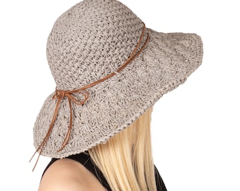 Chapéu de palha cinza de verão com aba larga e estilo renda, chapéu de férias, chapéu feminino de verão, chapéu de praia, chapéu de sol, chapéu boho, chapéu dobrável, chapéu de casamento