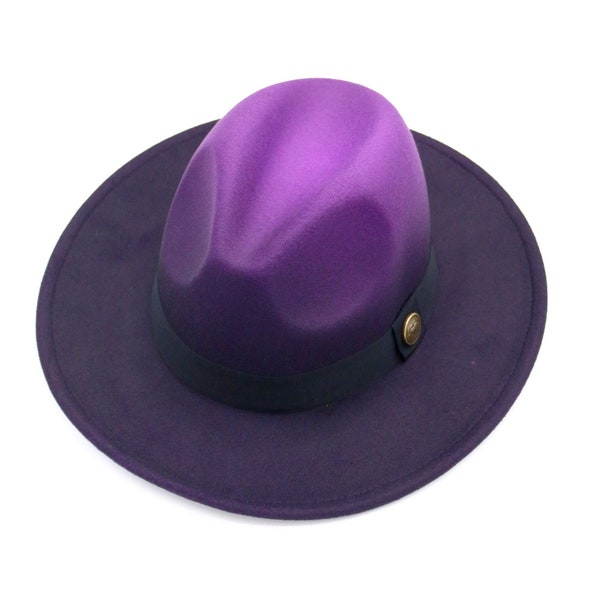 Chapeau Fedora ombré violet, chapeau à bord rigide en feutre végétalien, chapeau d'hiver homme, chapeau large bord plat femme, chapeau Fedora rigide, chapeau de demoiselle d'honneur / garçon d'honneur