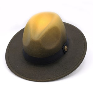 Cappello Fedora Ombre giallo, Cappello a tesa rigida in feltro vegano, Cappello invernale da uomo, Cappello a tesa piatta larga da donna, Cappello Fedora rigido, Cappello da damigella d&#39;onore / Cappello da sposo