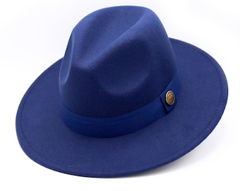 Dark Blue Fedora Hat, Vegan Felt Stiff Brim Hat, Men Winter Hat, Women Wide Brim Hat, Stiff Fedora Hat, Flat Brim, Bridesmaid Groomsman Hat