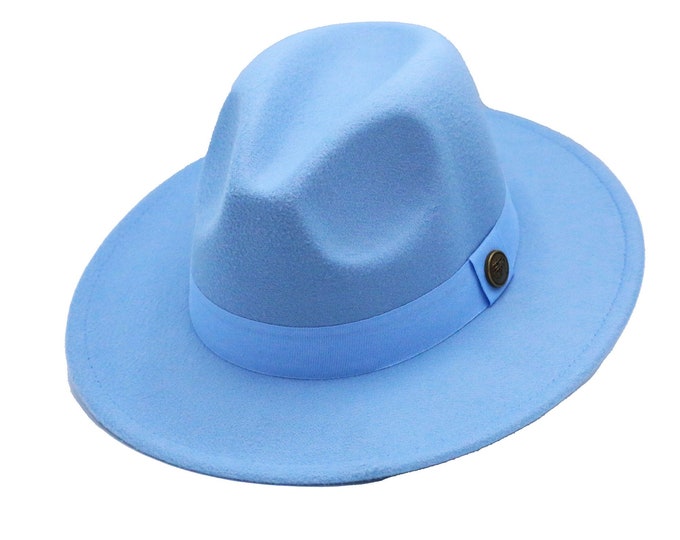 Light Blue Fedora With Chocolate Speckled Feathers and Light Tan