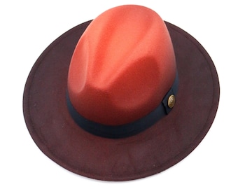 Orange Ombre Fedora Hat, Vegan Felt Stiff Brim Hat, Men 