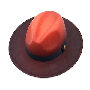 Orange Ombre Fedora Hat, Vegan Felt Stiff Brim Hat, Men Winter Hat, Women Wide Flat Brim Hat, Stiff Fedora Hat, Bridesmaid / Groomsman Hat