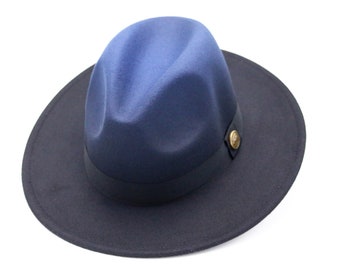 May include: A blue felt fedora hat with a black band and a gold button.