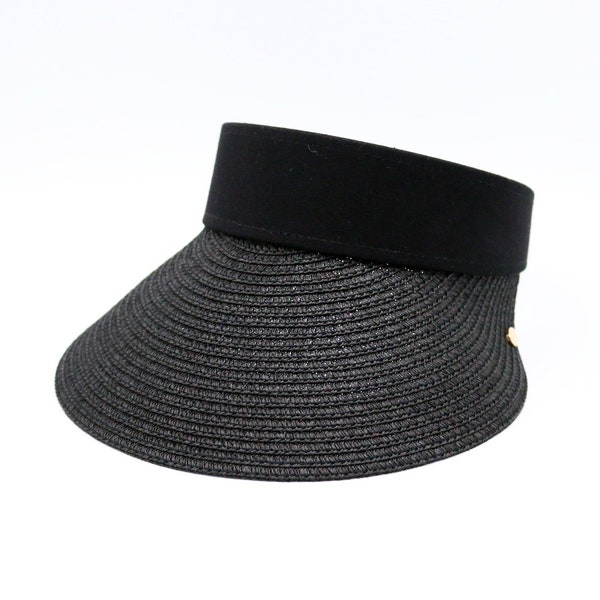 Visiera di paglia nera, cappello estivo da donna, visiera per donna, cappello a tesa larga, cappello da spiaggia, cappello da sole, cappello Boho, cappello da donna, regalo da damigella d'onore