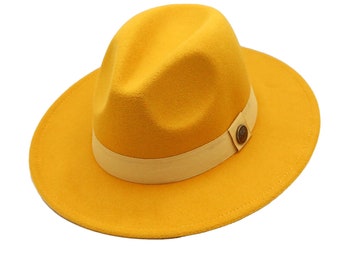 Yellow Fedora Hat, Vegan Felt Stiff Brim Hat, Men Winter Hat, Women Wide Brim Hat, Stiff Fedora Hat, Flat Brim, Bridesmaid Groomsman Hat