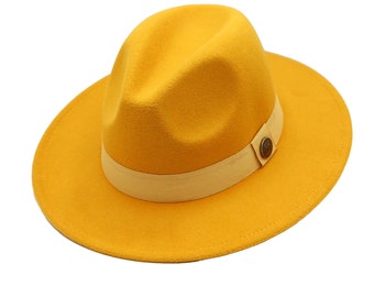 Chapeau Fedora jaune, Chapeau à bord rigide en feutre végétalien, Chapeau d’hiver pour hommes, Chapeau à large bord pour femmes, Chapeau Fedora rigide, Bord plat, Chapeau de demoiselle d’honneur