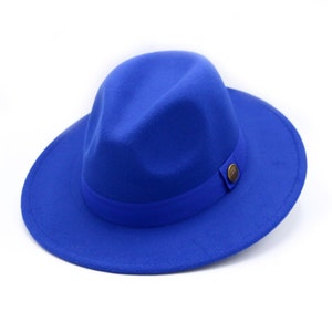 Blue Fedora Hat, Vegan Felt Stiff Brim Hat, Men Winter Hat, Women Wide Brim Hat, Stiff Fedora Hat, Flat Brim, Bridesmaid Groomsman Hat